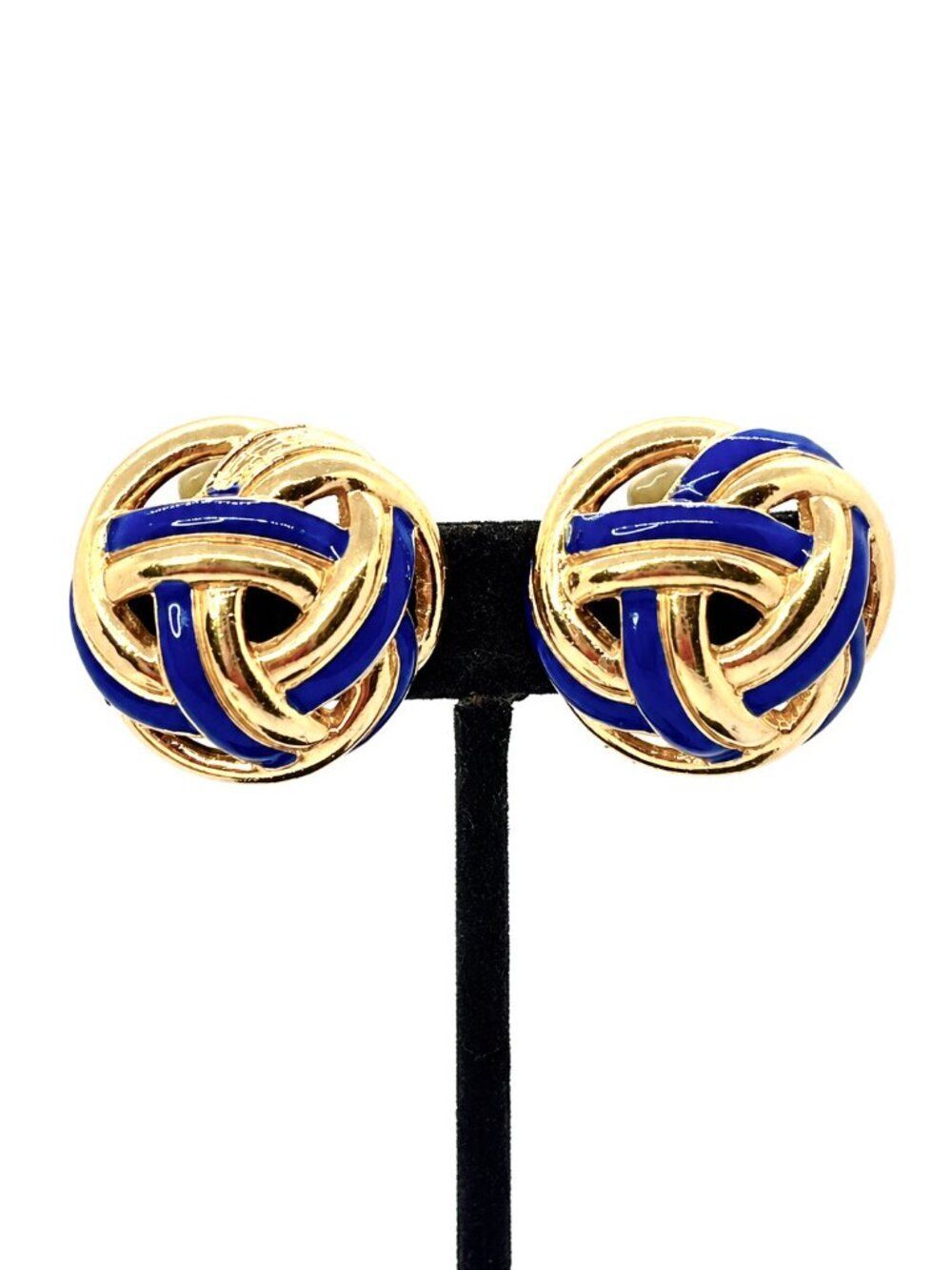 VINTAGE CINER EARRINGS Blue Enamel Gold Tone Love Knot Clip On Runway 1.25"